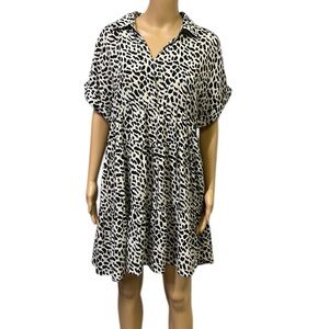 Umgee Animal Print Tiered Black Cream Short Sleeve Collared Babydoll Dress Large